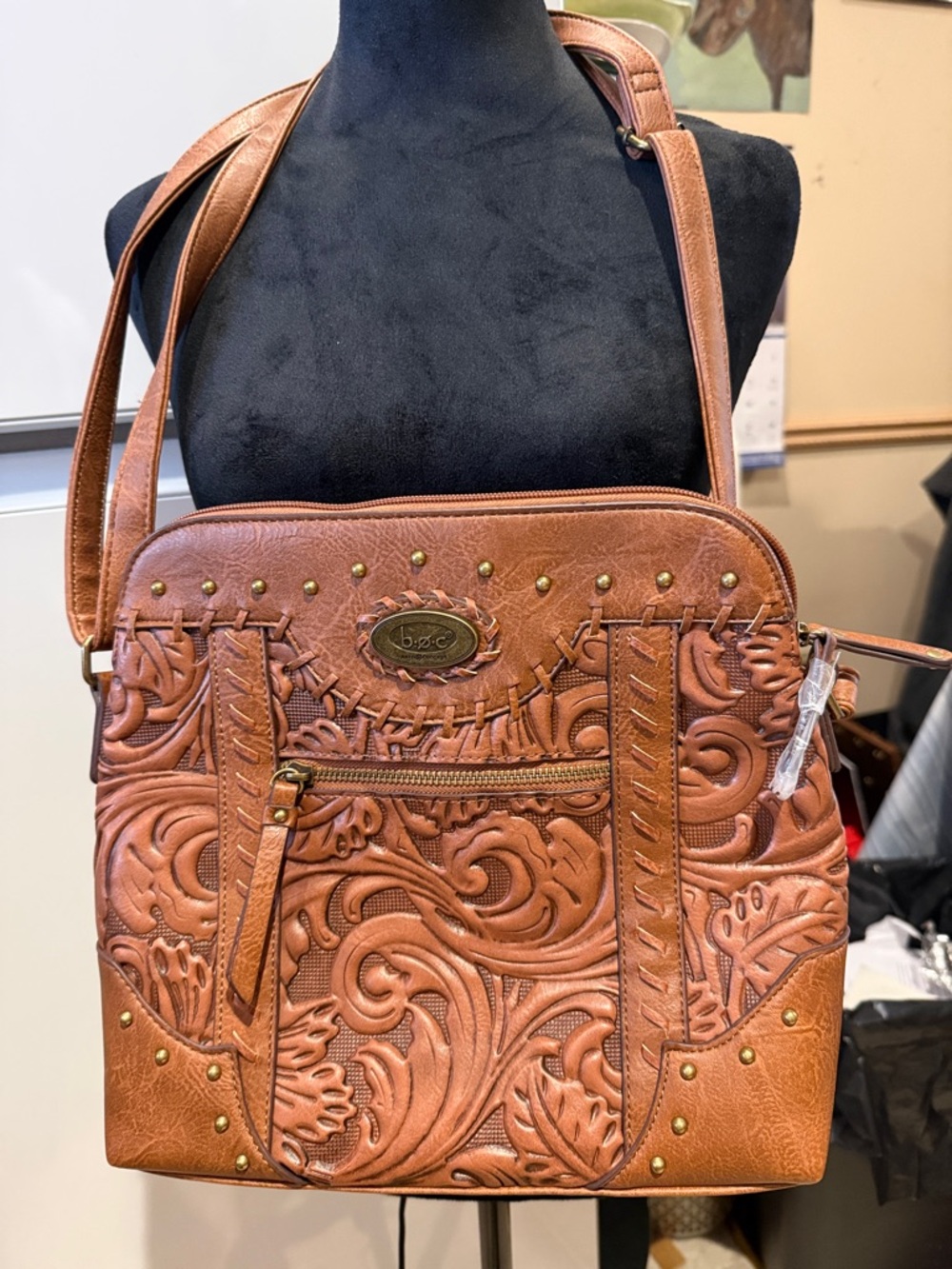 BOC  PU  embossed and studded HANDBAG 12x10.5 brown